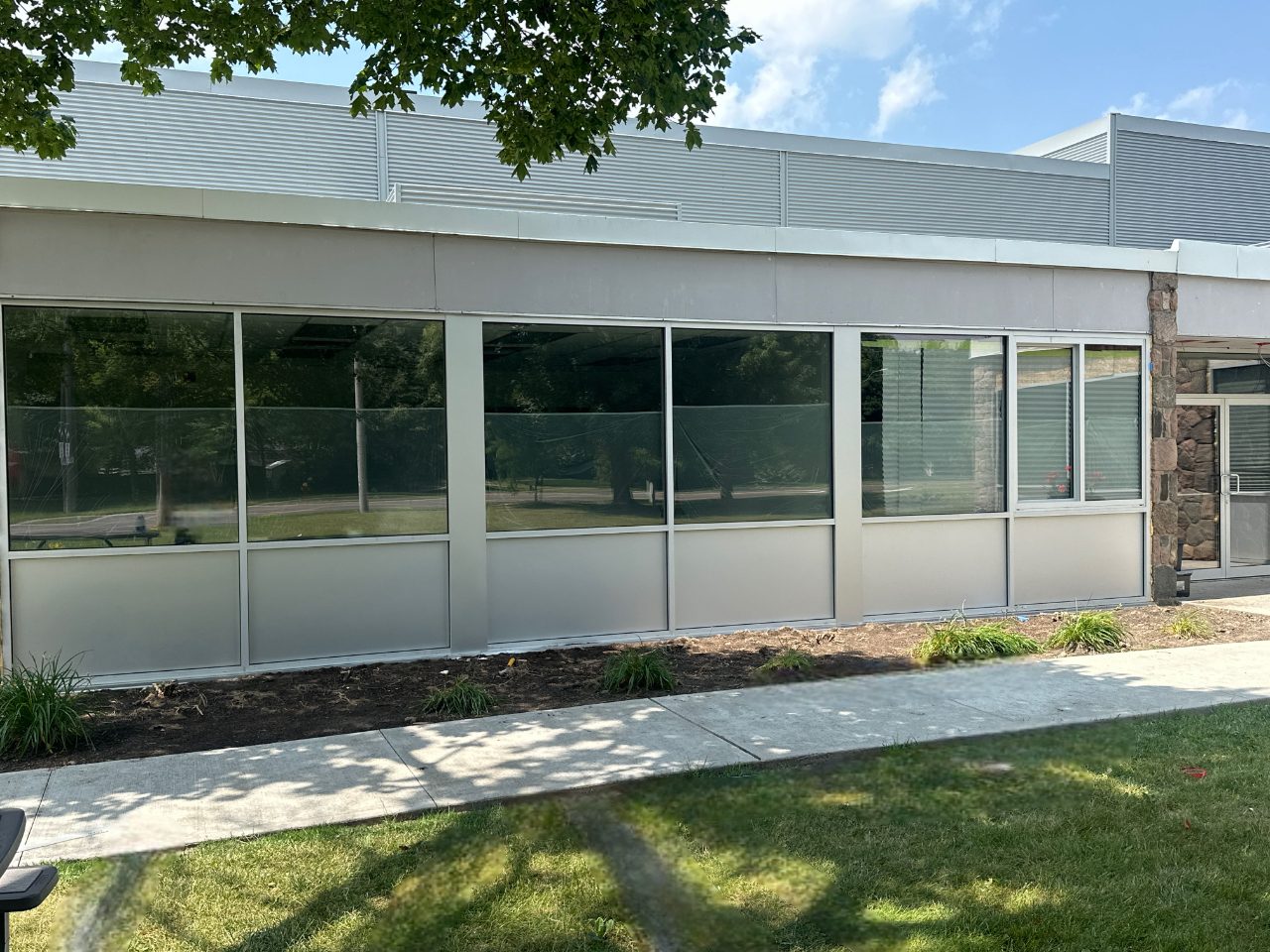 A single-storey commercial building with a long run of aluminum storefront glazing — large fixed lites over insulated panels, with a separately framed section at the end beside the entrance — above a newly planted bed and a sidewalk