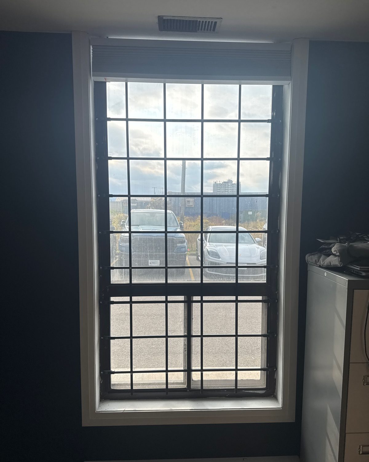 A grid of black steel bars fixed inside a tall single-hung window in an office, a parking lot visible through the glass