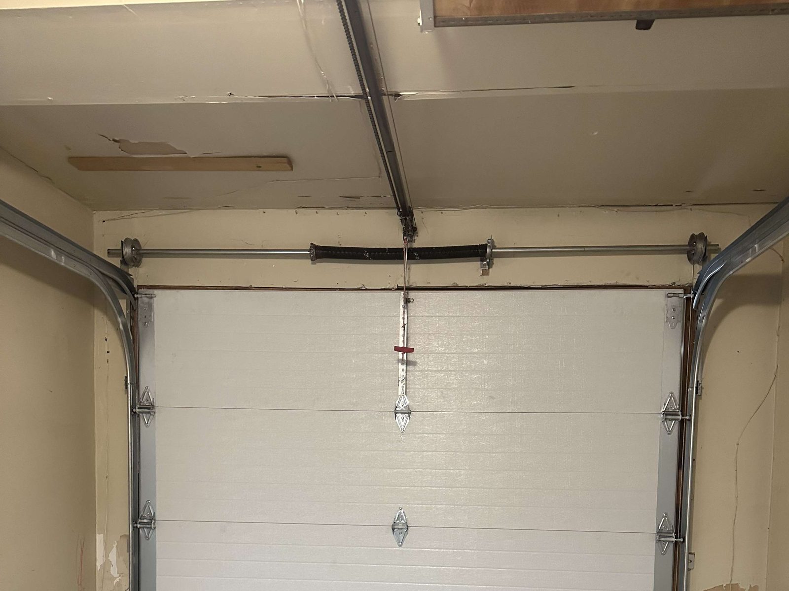 The inside of a single-car garage looking at a closed white sectional door, with the torsion spring on its shaft above the door head, the opener rail running back along the ceiling and the red emergency release handle hanging from it