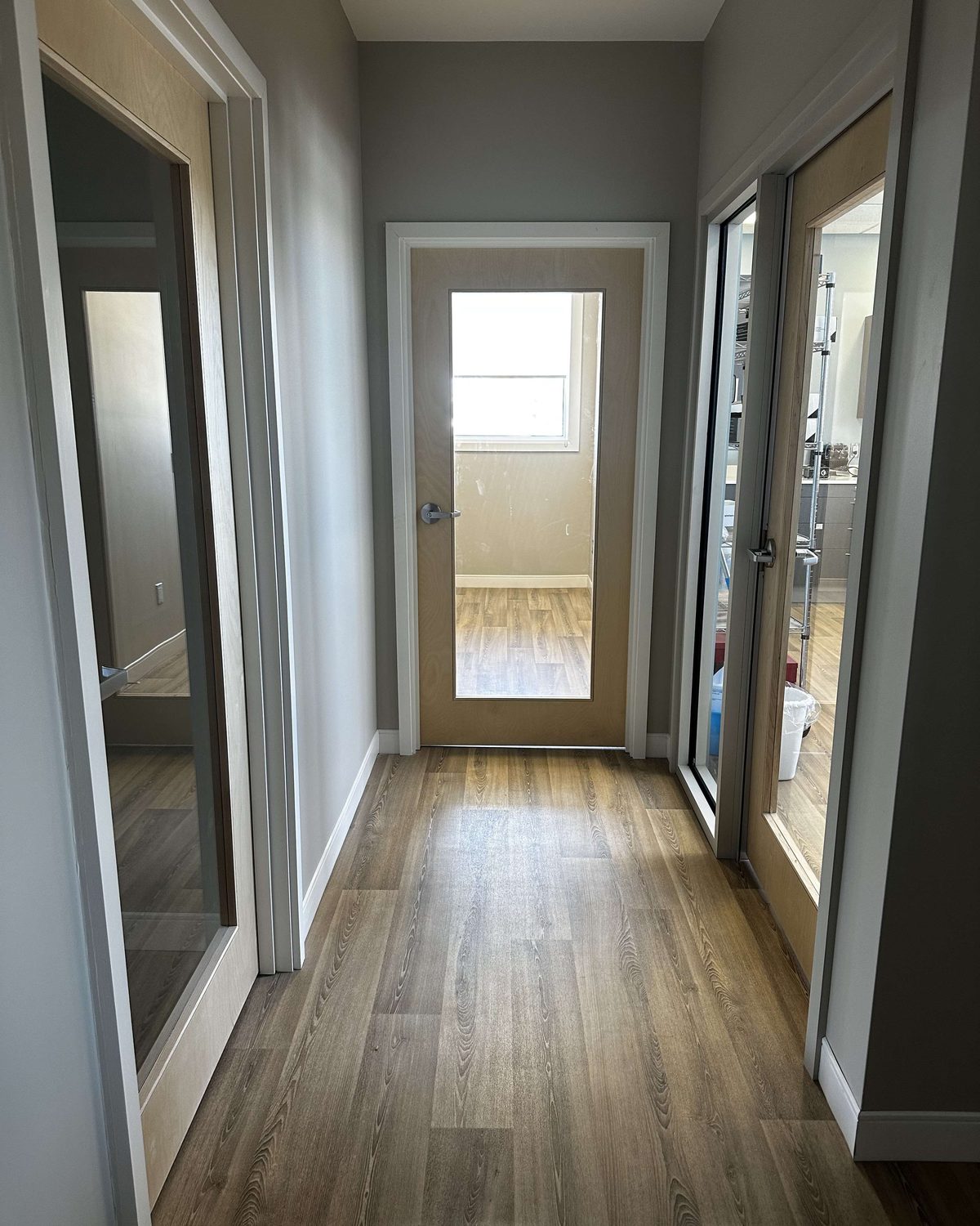A short office corridor with plank flooring, lined with light veneer doors with tall glass lites set in white trim, one at the far end and two on the right