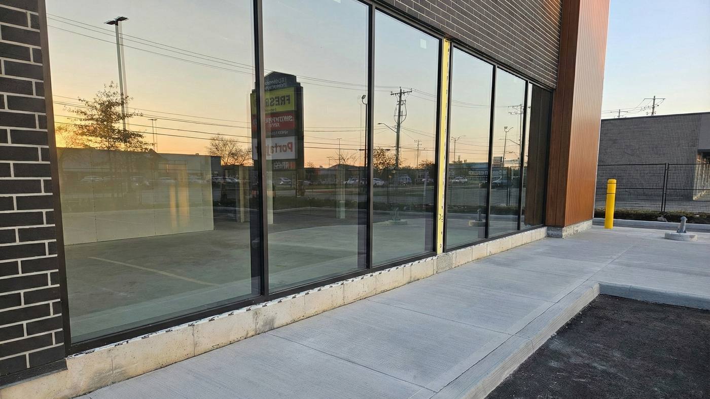 A run of fixed glass-and-aluminum window units in dark framing on a newly built commercial elevation, installed by Canuck Door Systems