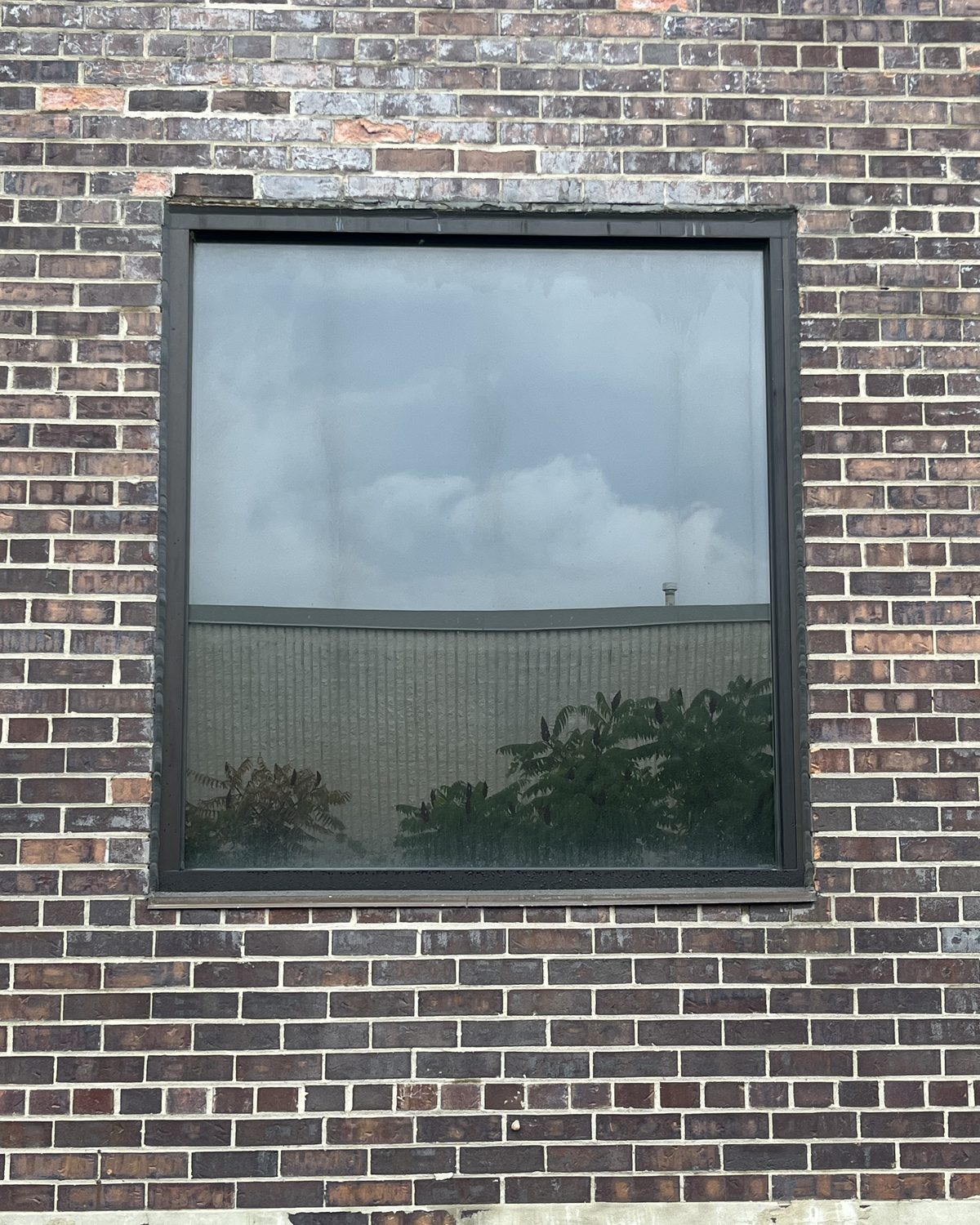A large dark-framed fixed window unit set into the brick elevation of an industrial building, glazed by Canuck Door Systems