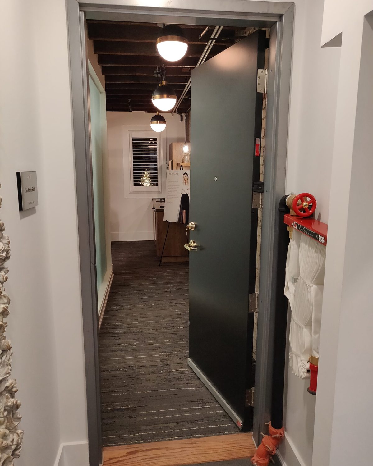 A dark solid-core wood door standing open in a steel frame, showing the hinges and the thickness of the leaf, installed by Canuck Door Systems