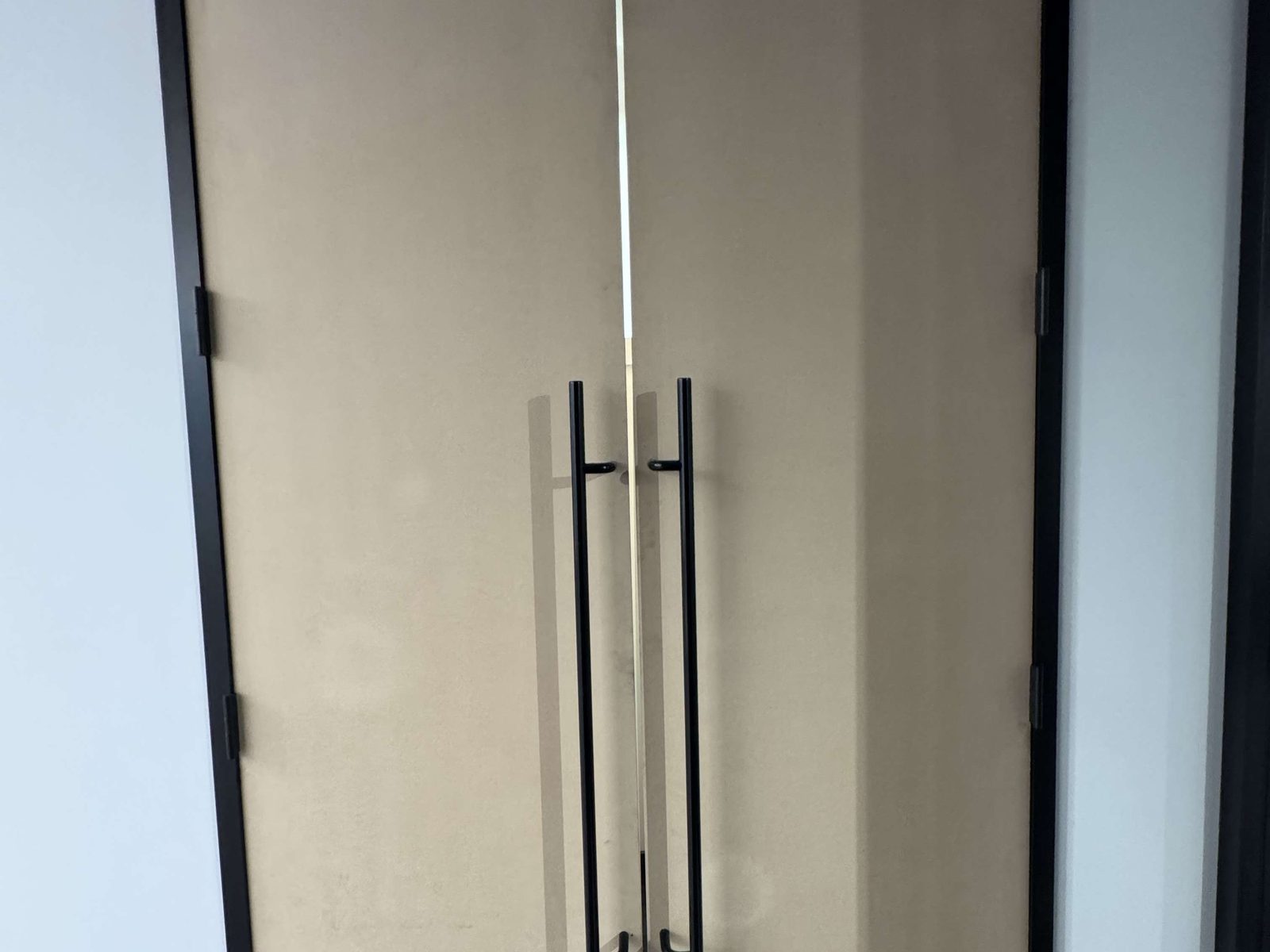A pair of maple-veneer commercial doors with full-height black pulls in a dark steel frame, installed by Canuck Door Systems