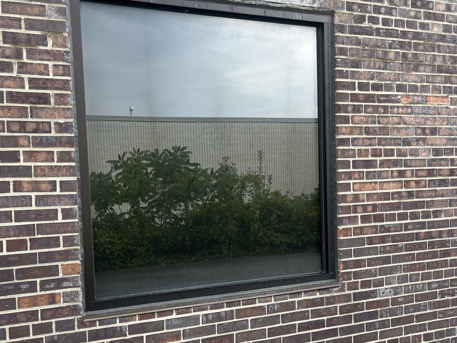 A large new aluminum-framed window with bronze tinted glass in the dark brick wall of Sable Metal Fabrication's plant in Markham, installed by Canuck Door Systems