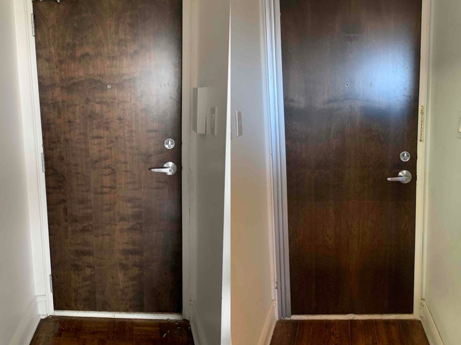 Two of the new stained wood suite doors at Sedona Place in North York, each with a lever handle and a deadbolt, installed by Canuck Door Systems