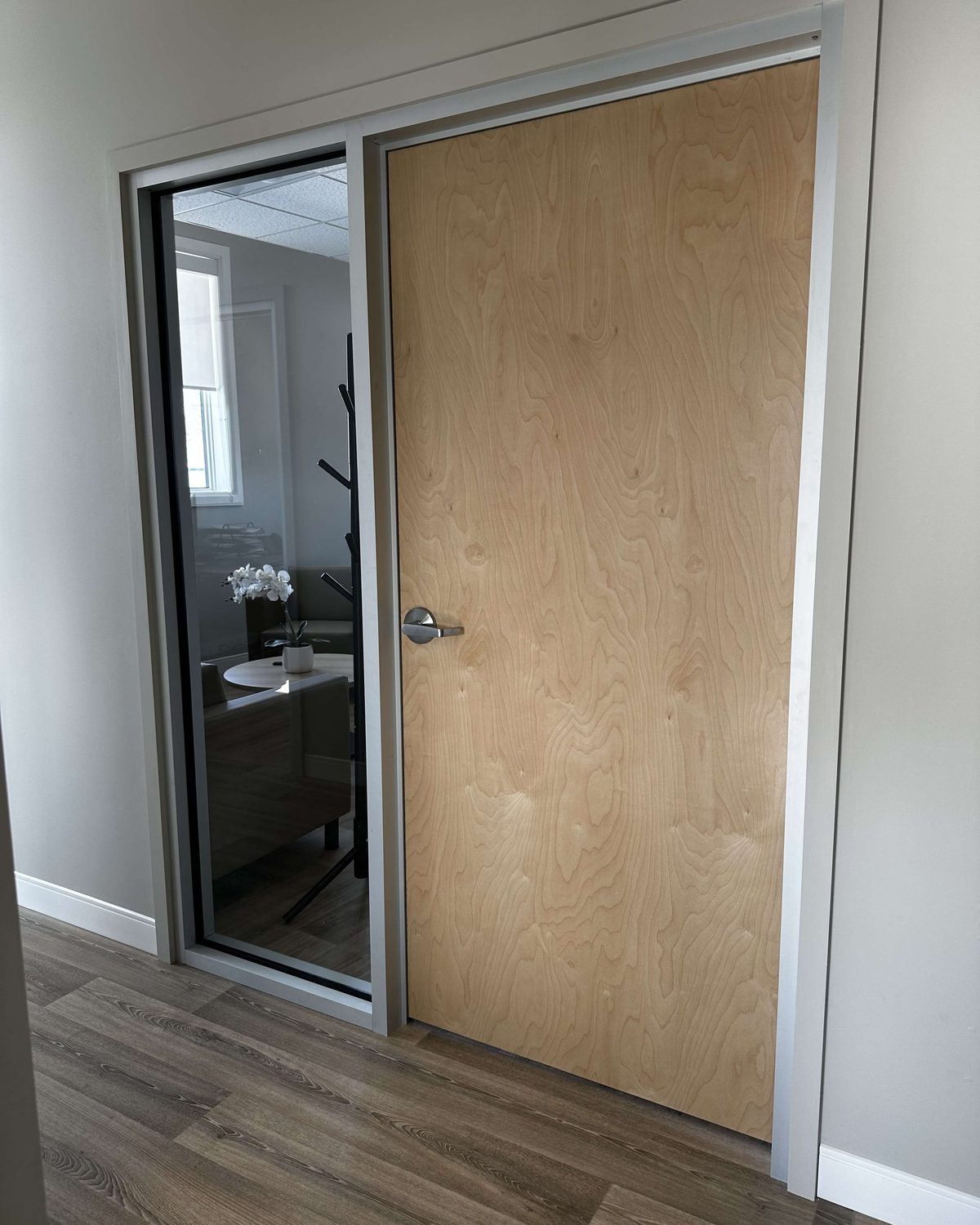 A natural wood door with a narrow vision panel in an aluminum frame with a glazed sidelite, inside the Shelburne Dental clinic