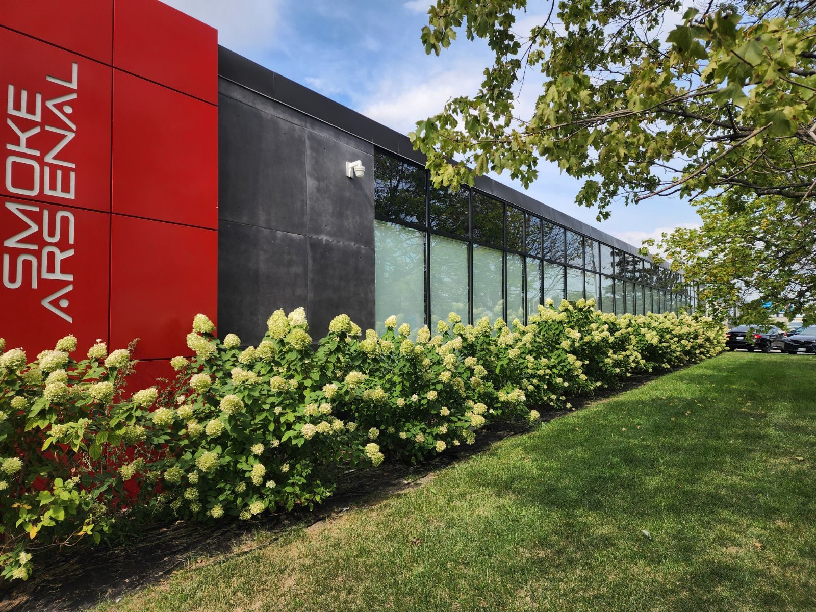 The front of the Smoke Arsenal building in Toronto: a red feature wall with the company name beside a long dark facade with new aluminum curtain wall glazing, behind a hedge, installed by Canuck Door Systems