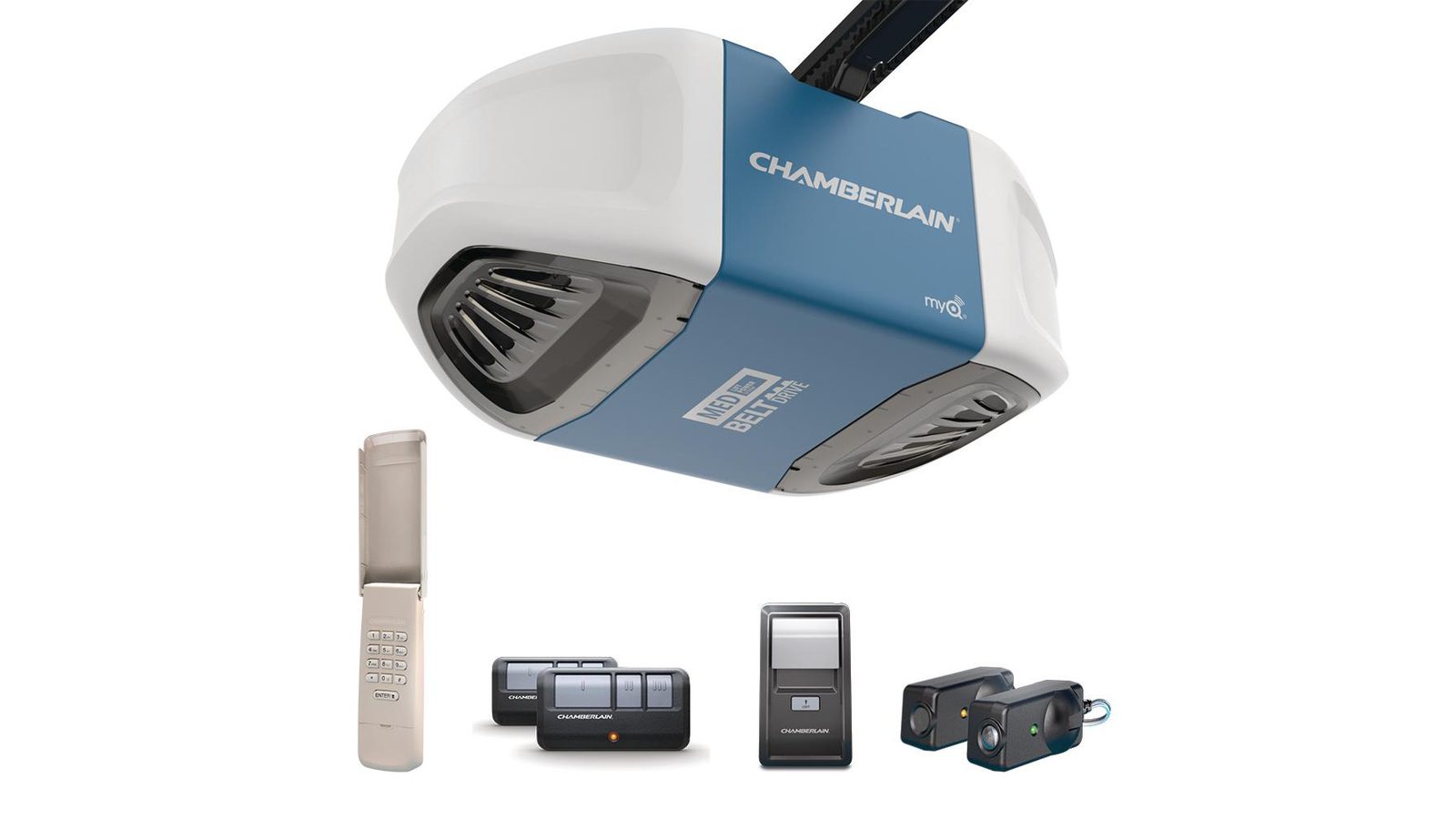 A belt-drive garage door opener head unit with the rail attached, shown with the remotes, outside keypad, wall console and pair of safety photo eyes that come with it