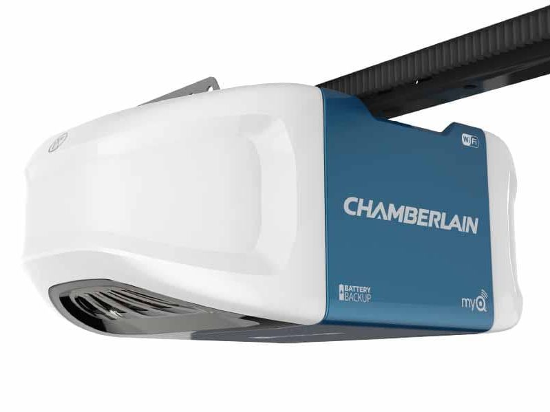 A Chamberlain belt-drive garage door opener head unit, the ceiling-mounted motor that pulls a trolley along a rail