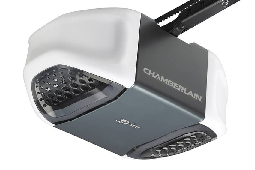 A Chamberlain chain-drive garage door opener head, the white and grey motor unit with the toothed rail running from the back of it