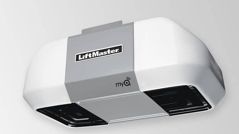 A LiftMaster 8355 belt-drive garage door opener, the white and grey head unit that mounts on the garage ceiling, with myQ marked on the side
