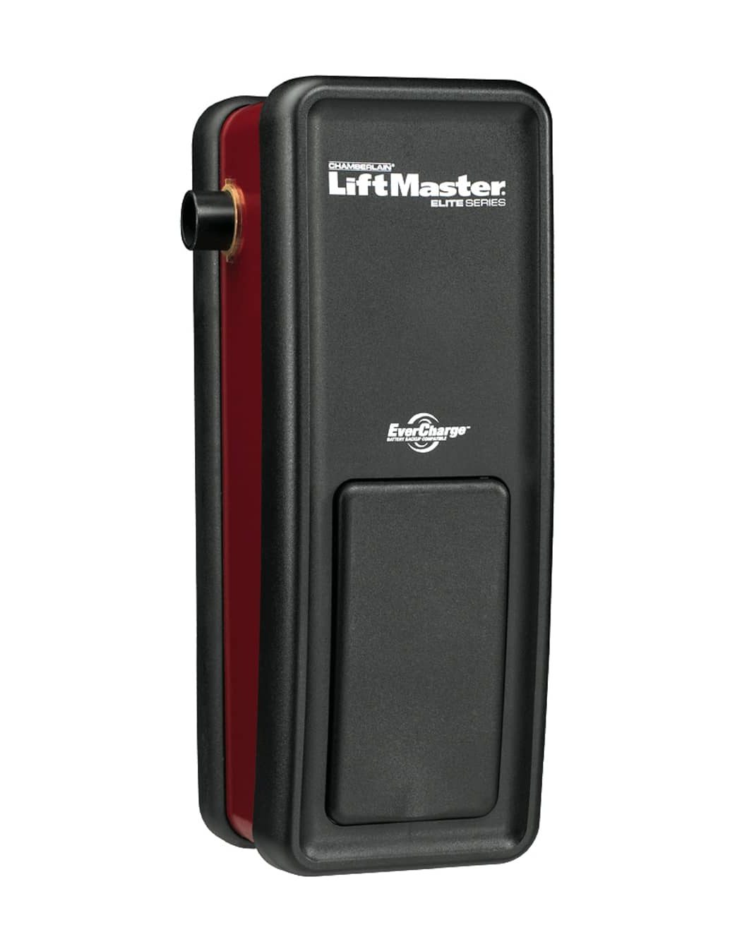 A LiftMaster Elite Series 8500 jackshaft opener, the black wall-mount unit that drives the torsion shaft from the side of the opening instead of a ceiling rail
